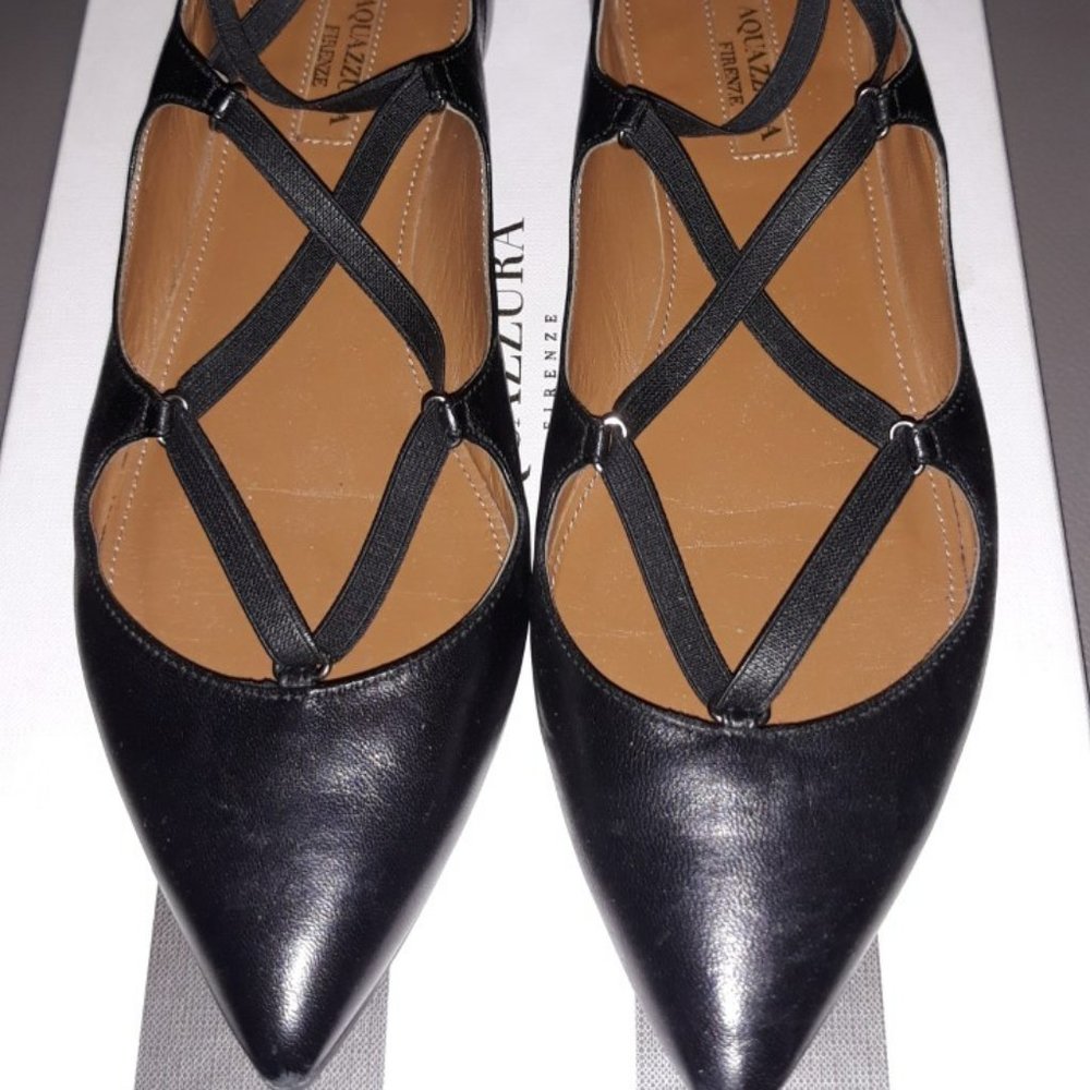 Aquazzura Black Leather Mischa Point Toe Ballet Flats size 38